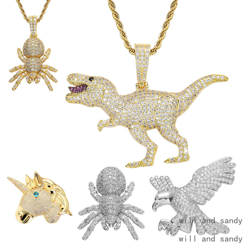 18k Gold Plated Hip Hop Necklace Jewelry Set Iced Out Cubic Zirconia Owl Spider Unicorn Shark Dinosaur Pendant Necklaces for Women Men Punk Rock Jewel