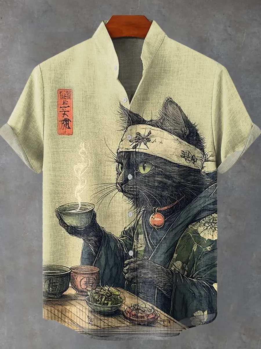Mens Summer Japanese Style Art Cat Pattern Print Mens Retro Linen Short Sleeve Shirt Casual Simple Button Top Mens Shirt W250627
