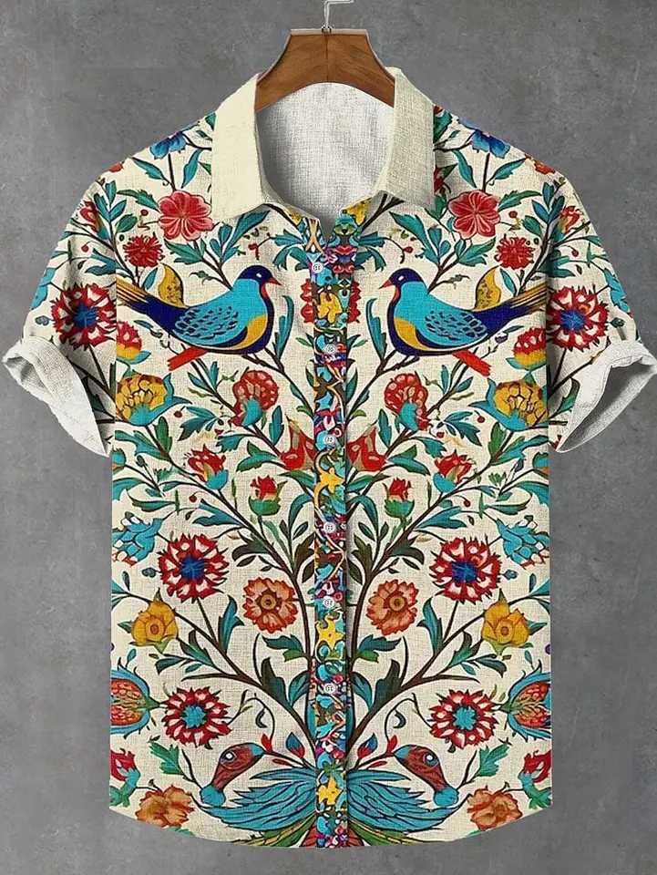 2025 new linen comfortable fabric Asian style retro pattern printed mens short sleeve shirt casual wear button top W250627