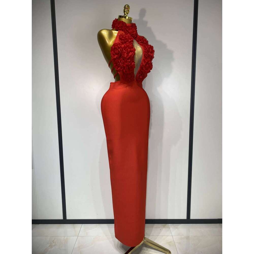 2025 New Women Sexy Halter Hollow Out Flowers Bodycon Bandage Dress Red Backless Elegant Party Birthday Wedding Dresses