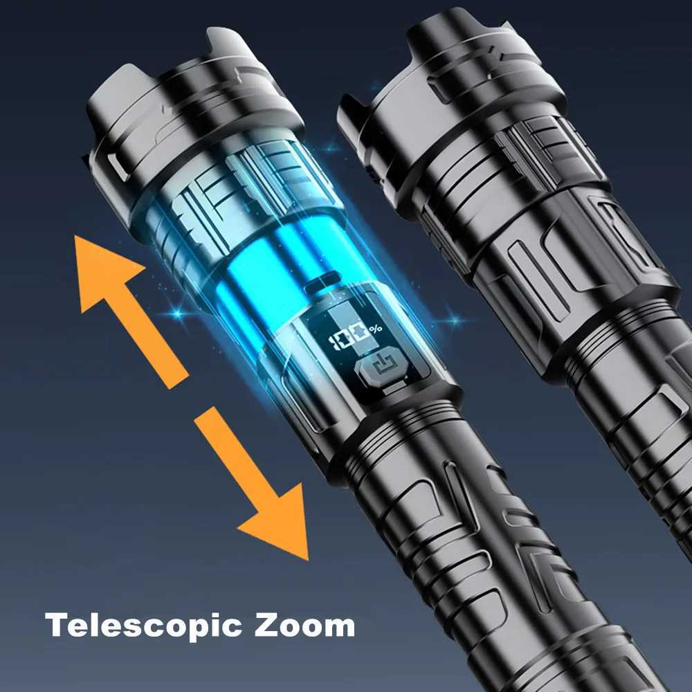 Super Bright Powerful Long Range LED Flashlight Tactical Torch Light Emergency Telescopic Zoom Lantern with Built-in Battery W250701
