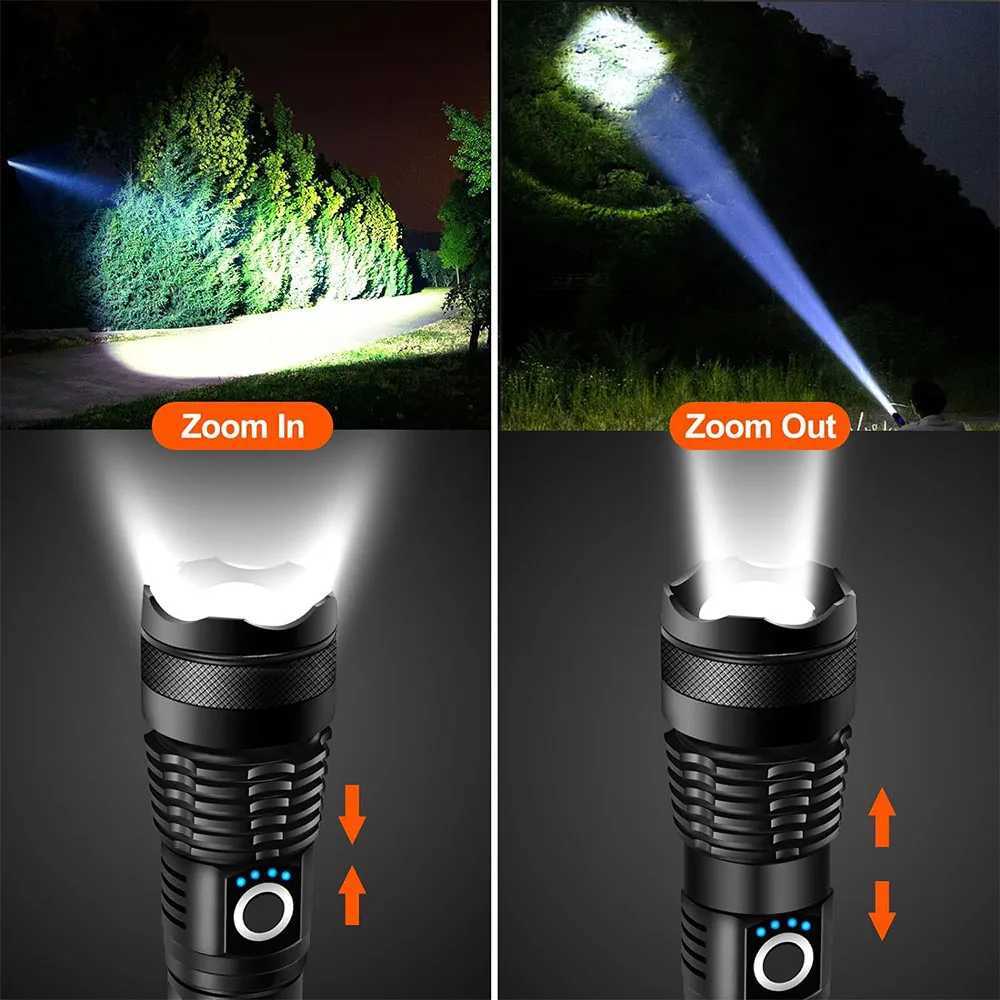 Strong LED Flashlight USB Rechargeable Powerful Tactical Torch Lamp Super Long Range Flash Light Outdoor Fishing W250701