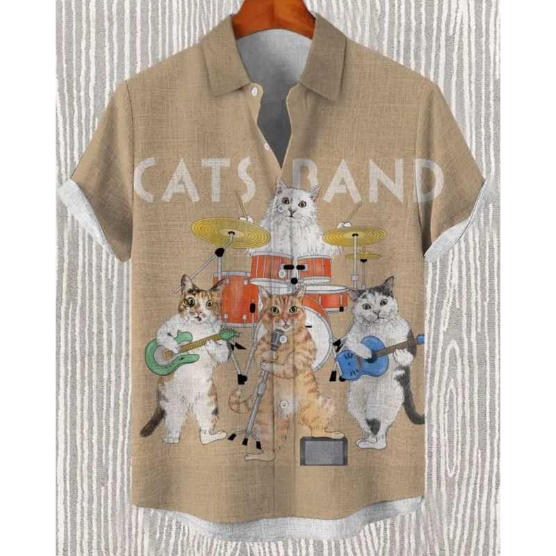 Mens Summer Japanese Style Art Cat Pattern Print Mens Retro Linen Short Sleeve Shirt Casual Simple Button Top Mens Shirt W250627