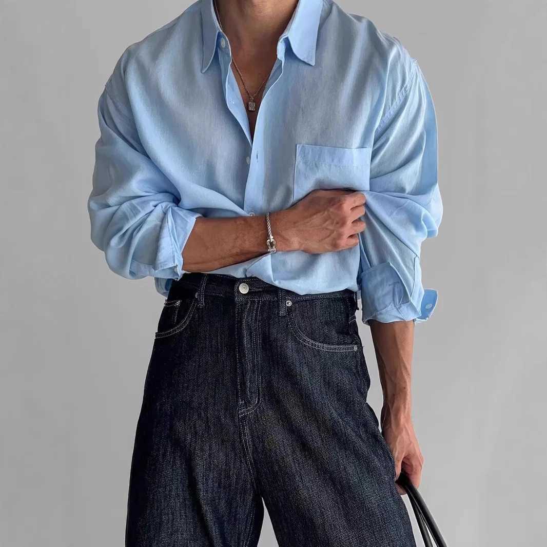 Vintage Mens Shirt Stylish Loose Fit Long Sleeve Workwear Shirt with Pockets Sun Protection Casual Overshirt Streetwear Fashion W250627