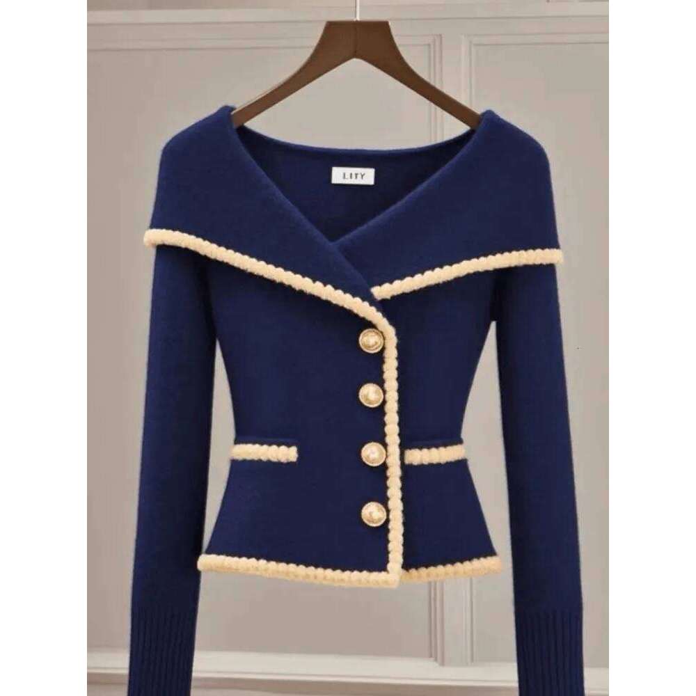 Light High-End Navy Blue Cardigan Sweater For Women, 2024 Autumn And Winter New Fashion Versatile Knitted Top