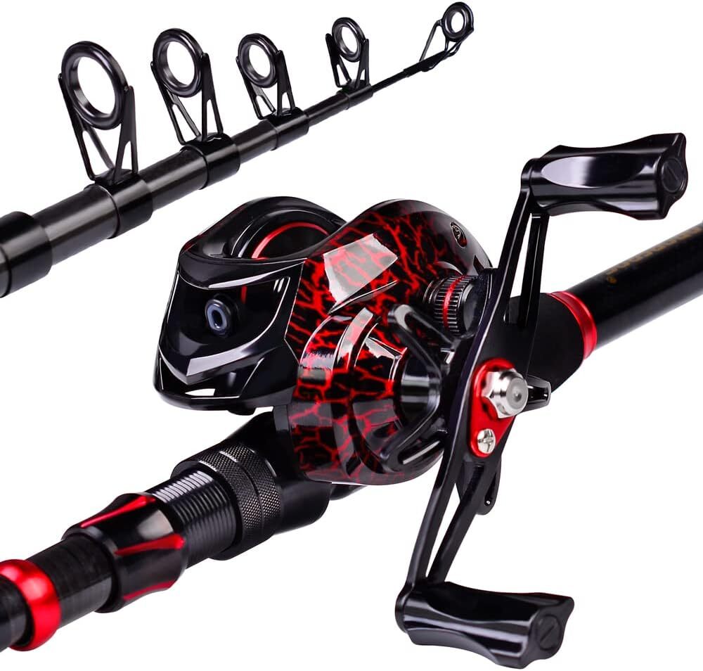 6.9 Feet Carbon Fiber Telescopic Rod with Spinning/Baitcasting Reel Combo, Saltwater Sea, Freshwater, Bass Fishing Gear Set