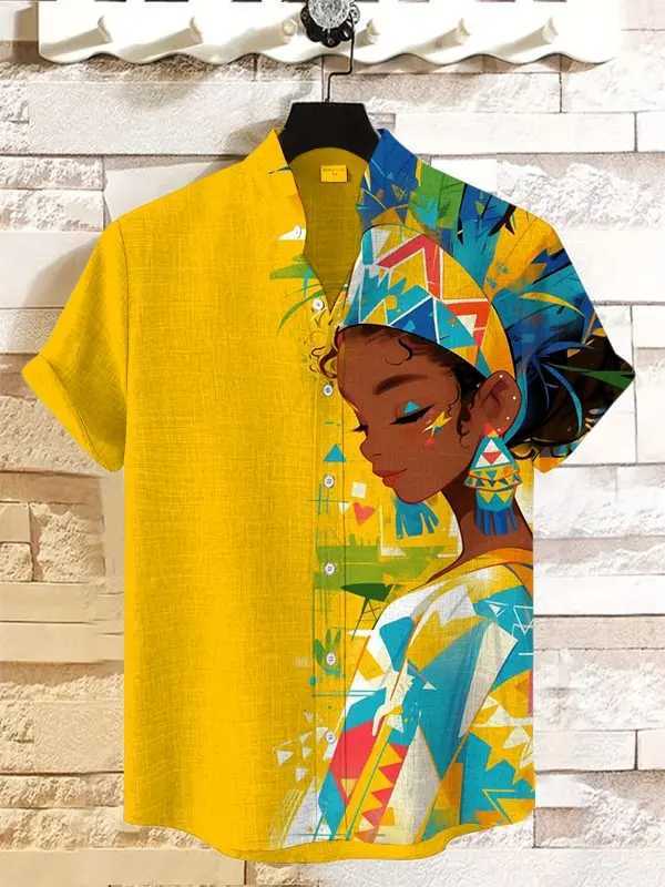 Retro African tribal totem pattern printed mens new linen comfortable fabric short-sleeved shirt for casual street wear W250627