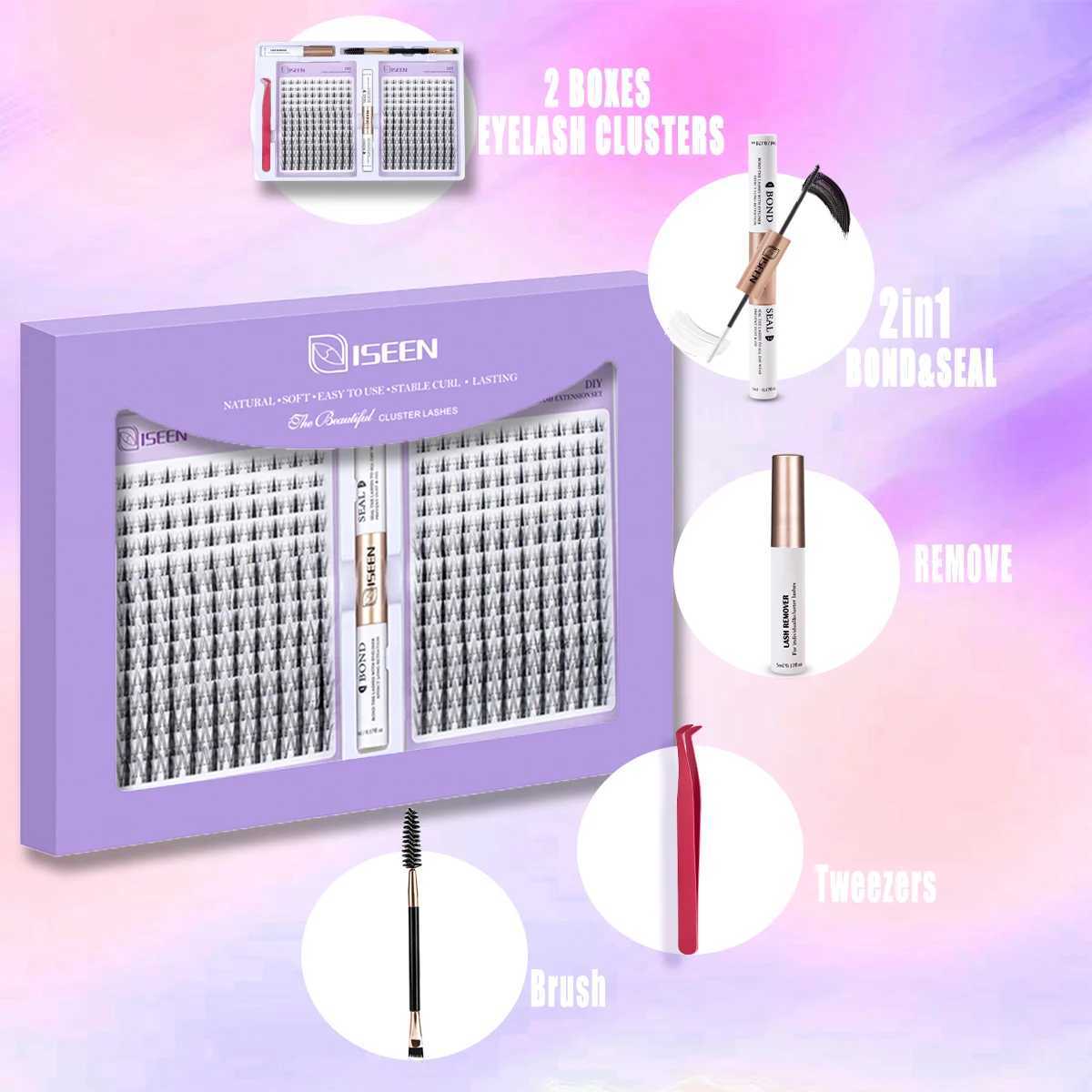 ISEEN DIY Eyelash Extension Kit Cluster Mix Eyelashes Full Set Lashes Kit with Lash Bond Seal and Eyelash Tweezers and Brush W250627