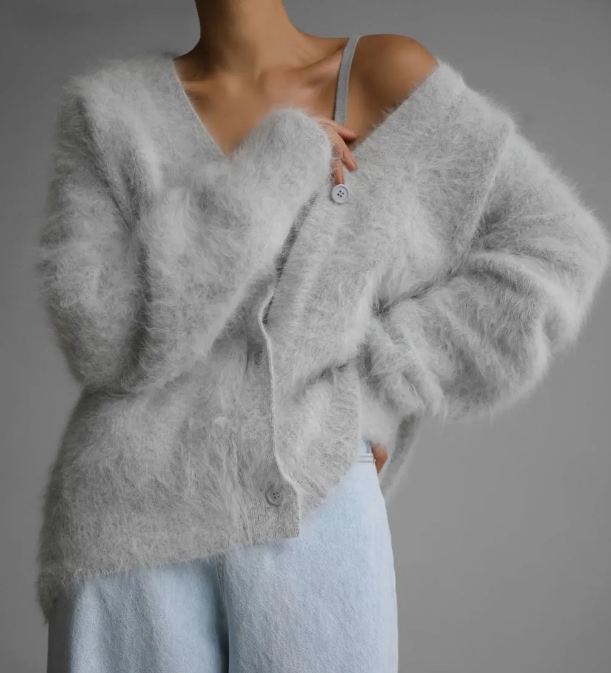 Imitation Mink Wool Knitted Sweater Cardigan Autumn/winter Lazy Loose Long Sleeved V-neck Sweater Jacket for Women