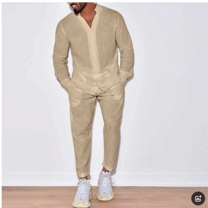 Mens Light Luxury Sports Cotton And Linen Stand Collar Long Sleeve Casual Shirt Fashionable Lace Up Pants Mens Casual Suit XJ250627
