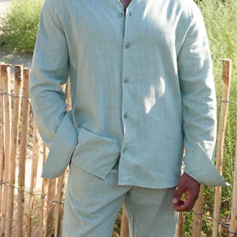 Mens Light Luxury Sports Cotton And Linen Stand Collar Long Sleeve Casual Shirt Fashionable Lace Up Pants Mens Casual Suit XJ250627