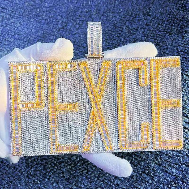 Iced Out Jewelry Moissanite Pendant Men Hip Hop baguette Diamond Chain Name Plate Moissanite Custom Letter Pendant for Men Women