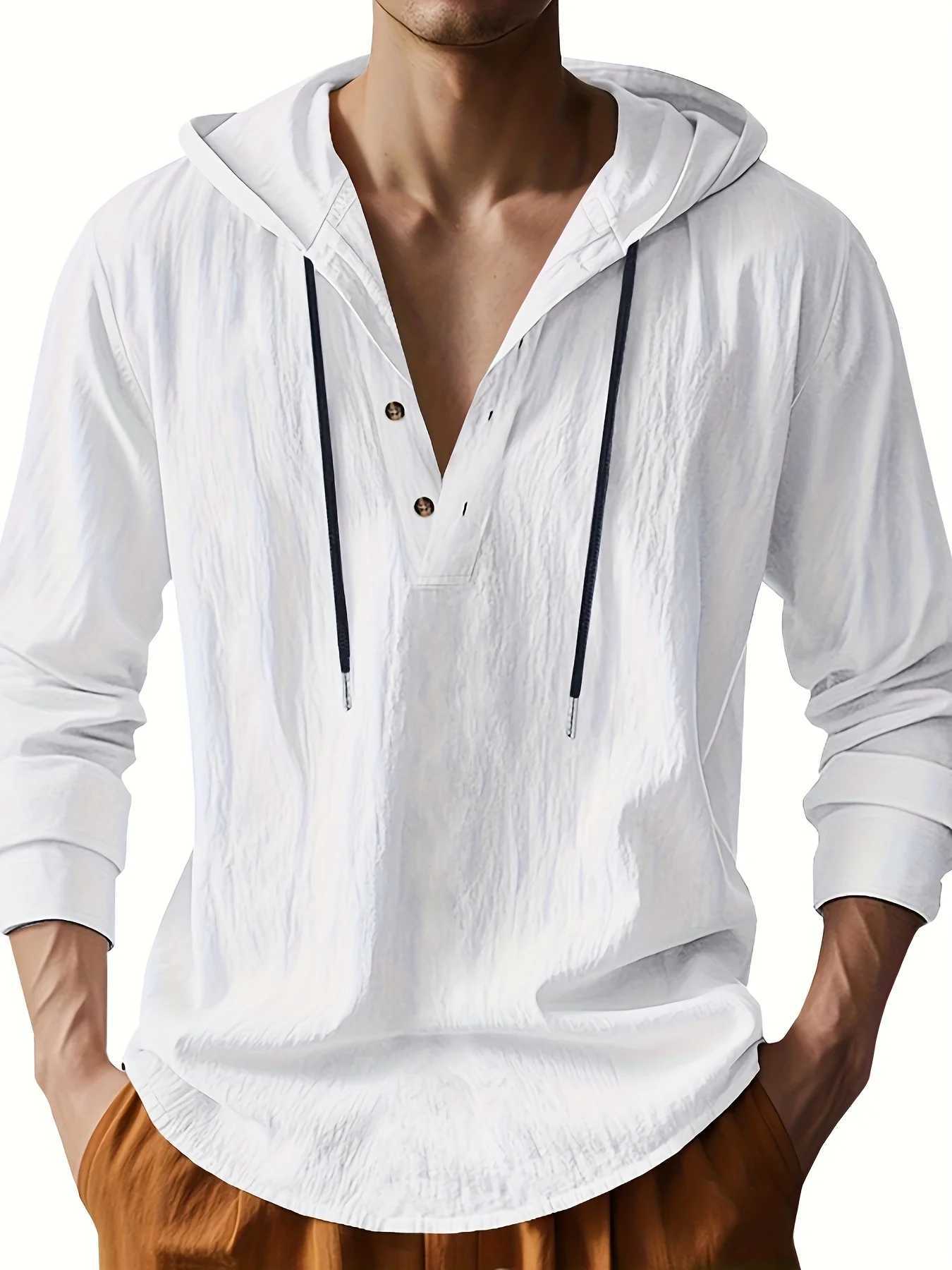 Mens Lightweight Linen Hooded Henley Shirt Casual Long Sleeve Button-Up Drawstring Solid Color W250627