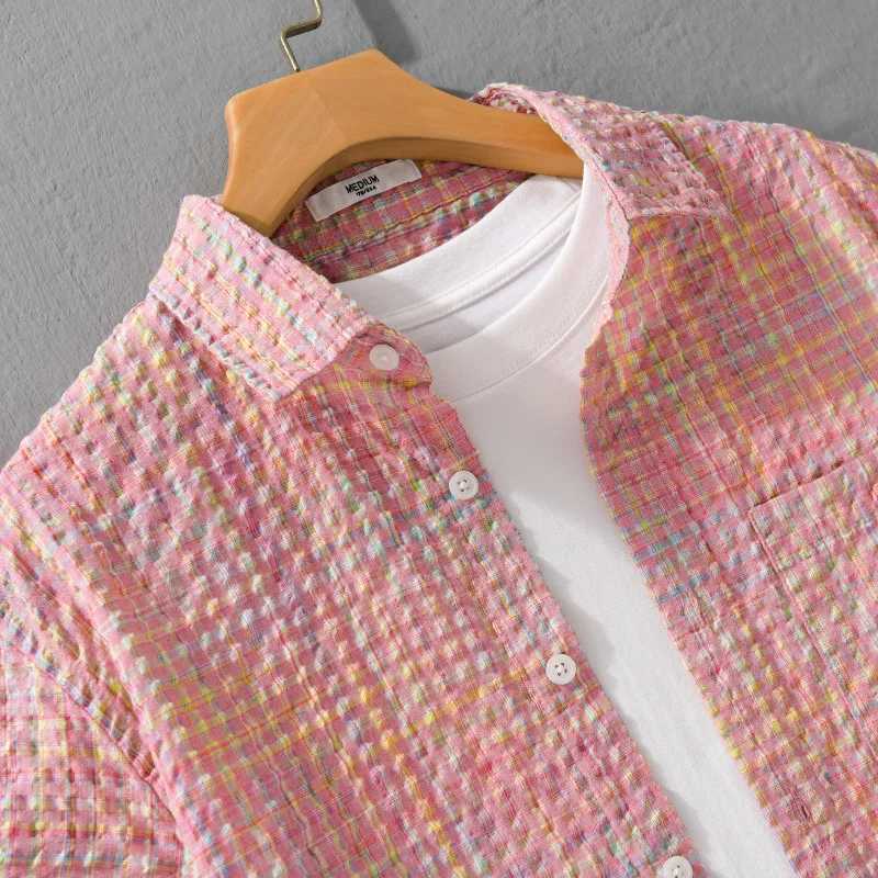 Summer Casual Plaid Korea Mens Shirt Checkered Bubble Yarn Short Sleeve Shirt For Men Slim Turn-down Collar Classic Shirt 2025 W250627