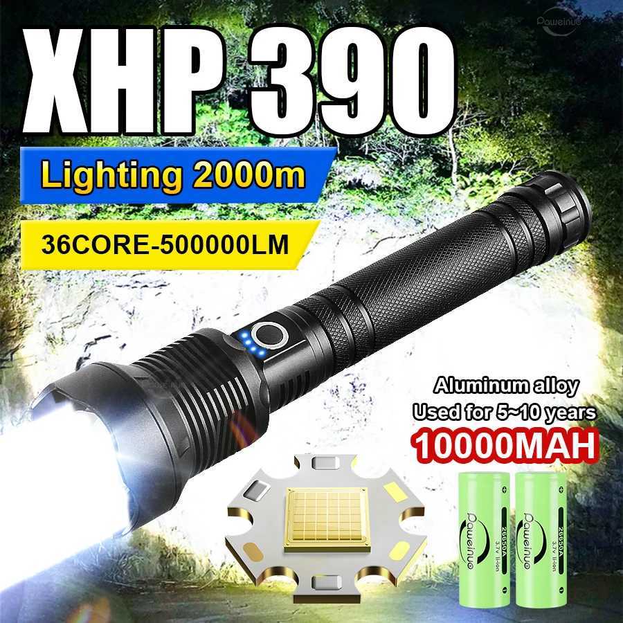 Powerful XHP390 Flashlight 10000mah Large Capacity Strong Light Tactical Torch Self-Defense Flash Light Outdoor Camping Hunting W250701