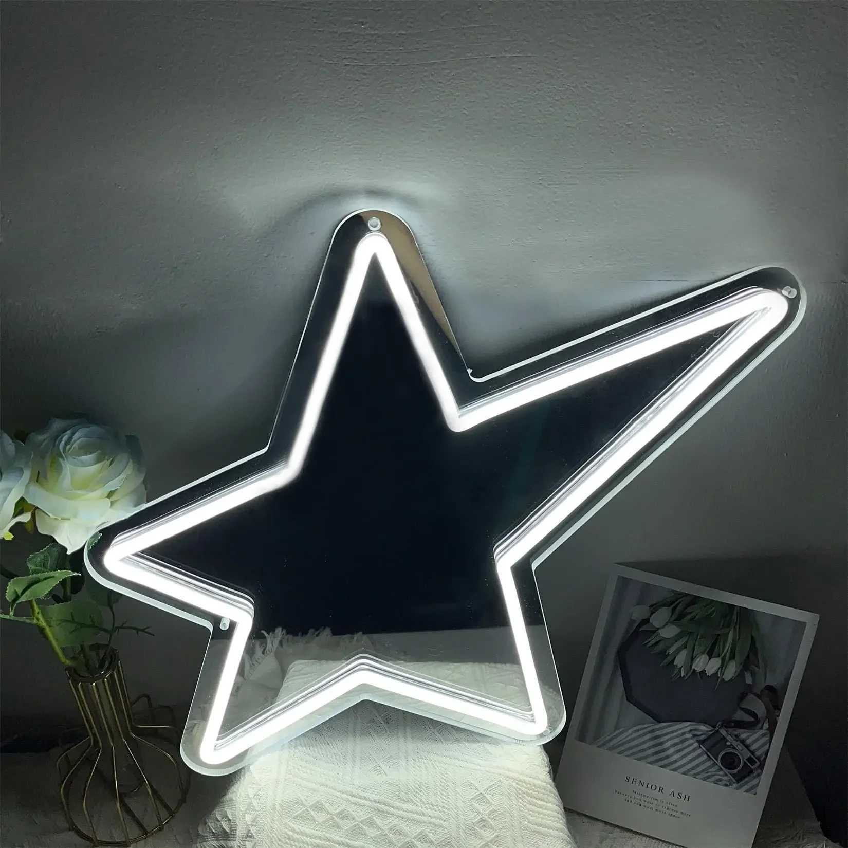 Star Mirror Neon Sign for Wall Decor USB LED Mirror Neon Light Sign Home Bedroom Game Girls Party Kids Room Decor Night Light XJ250626