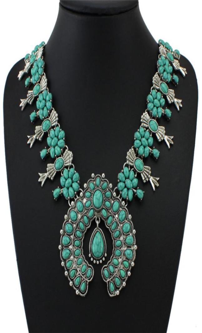 Classic vintage turquoise Flower Necklaces women Statement Pendant Necklace Latest bohemian Squash Blossom clavicle chain Xmas gif8177166