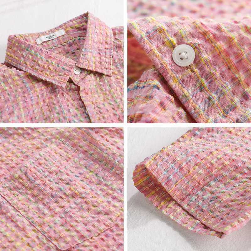 Summer Casual Plaid Korea Mens Shirt Checkered Bubble Yarn Short Sleeve Shirt For Men Slim Turn-down Collar Classic Shirt 2025 W250627