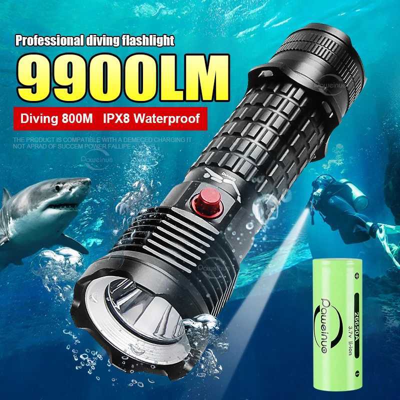 Professional Spearfishing Hunting Scuba XHP199 LED Dive Light 9900 Lumens Diving Flashlight 26650 Torch Underwater Flashlight W250701