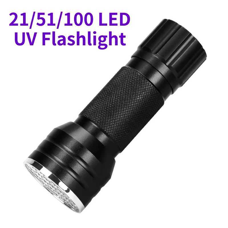 21/51/100 LED UV Flashlight Black Light with AA/AAA Battery Portable Ultraviolet Torch for Pet Urine Detection Hotel Inspection W250701