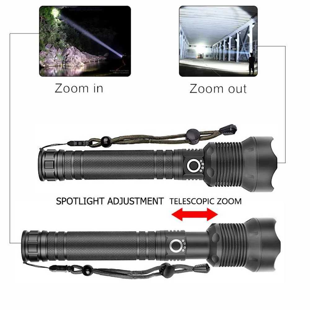 USB Powerful xhp70.2 Flashlight Torch Super Bright Rechargeable Zoom LED Tactical Torch xhp70 18650 or 26650 Battery Camping Lamp W250701