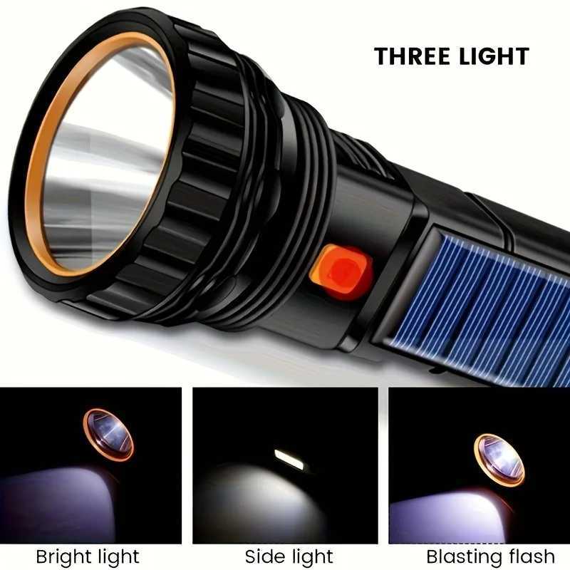 High Power LED Flashlight Solar And USB Rechargeable Powerful Tactical Torch Super Long Range Lamp Outdoor Camping W250701