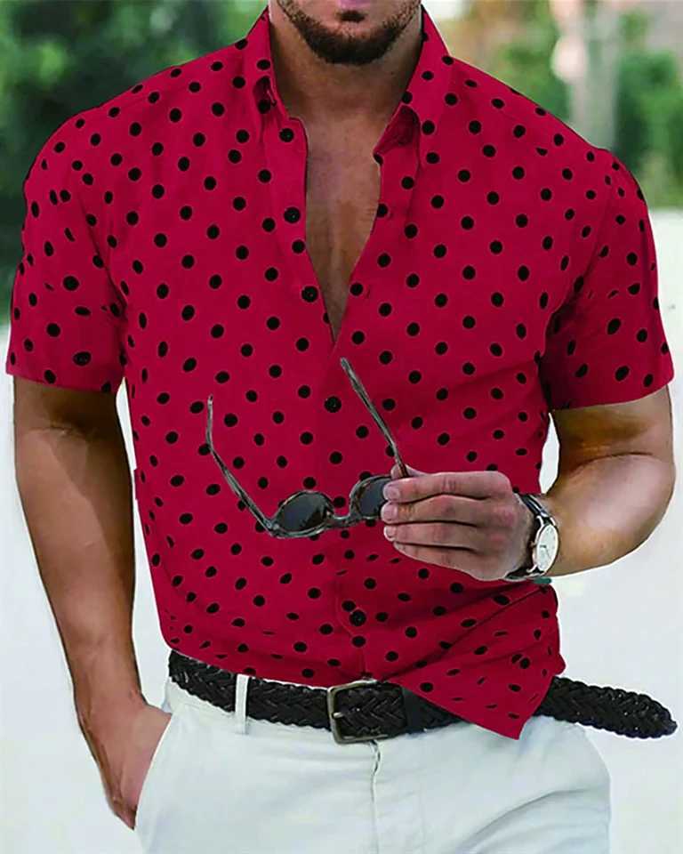 Mens shirt summer beach shirt black and white short sleeve polka dot lapel vacation clothing fashionable casual comfortable 5XL W250627