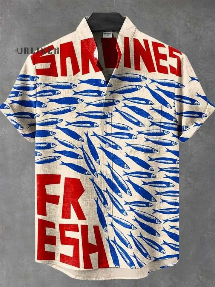 New vintage fish sardine art 3D printing casual fashion 100% linen mens stand collar short sleeve shirt W250627