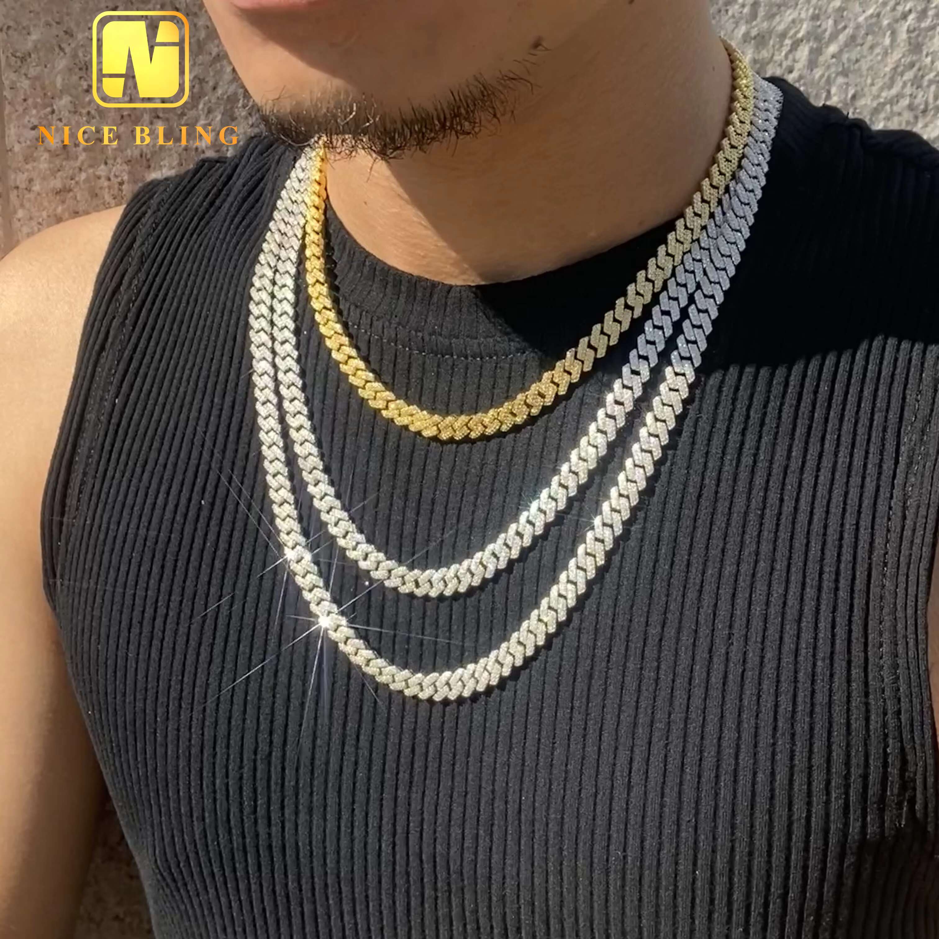 Stocks Hot Selling 8MM 925 Sterling Silver Gold Plated New Arrivals Hip Hop VVS D Color Moissanite Cuban Link Chain