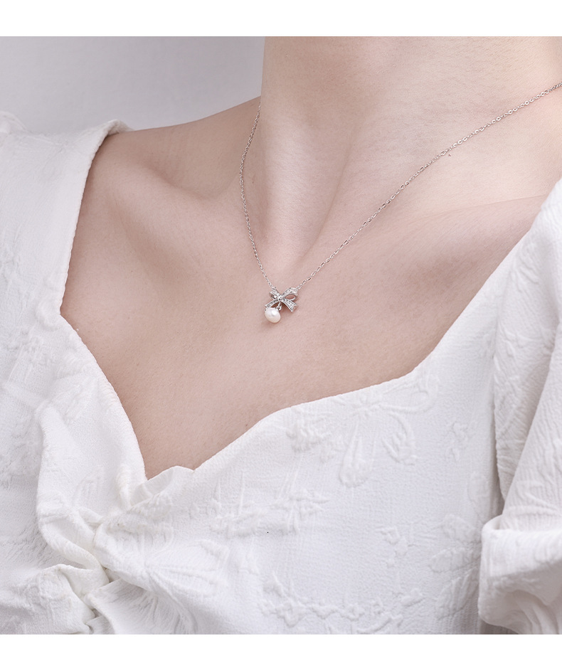 Free Shipping Designer Necklace, Natural Freshwater Pearl Bow Necklace, Women's Fashion Micro-inlaid Zircon Tassel Collarbone Chain