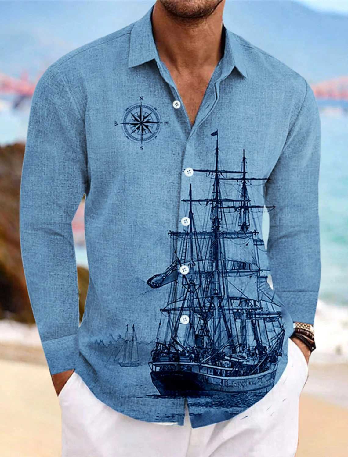 Autumn Mens Casual Versatile Fashion Street Mens Shirt Lapel Single-Breasted Shirt Mens Sailing Long-Sleeved Shirt W250627