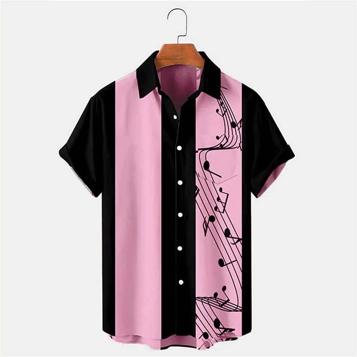 2024 New Mens Shirt Summer Bowling Shirt Note Pattern Printed Daily Short Sleeve Button Comfortable Casual Mens Clothing W250627