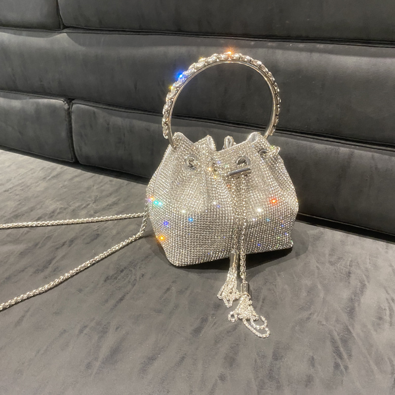 Free Shipping Women's New Rhinestone Bucket Bag Round Handle Handbag Designer Luxury Single Shoulder Crossbody Chain Small Bag Inlaid Diamond Bag