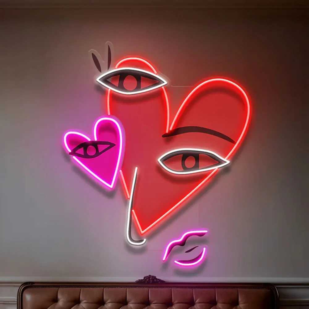 Abstract Face With Hearts Neon Sign for Wall Decor UV Print Neon Pop Art Wall Decor Home Bar Beauty Salon Decor Birthday Gift XJ250626