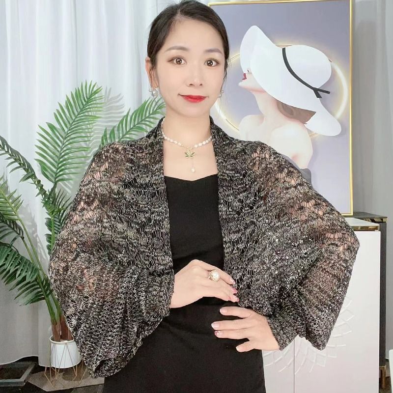 K1147 Sunscreen shawl for women satin colored ice silk breathable cool hollow knitted air-conditioning shawl versatile ethnic style coat to cover the 
