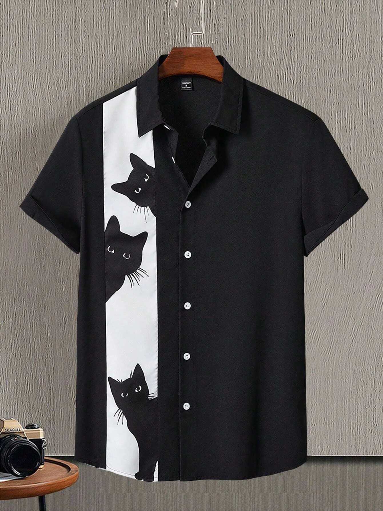 Whimsical Cat Print Mens Shirt Playful Short Sleeve Button-Up with Adorable Kitten Patterns for Casual Fun Outings W250627