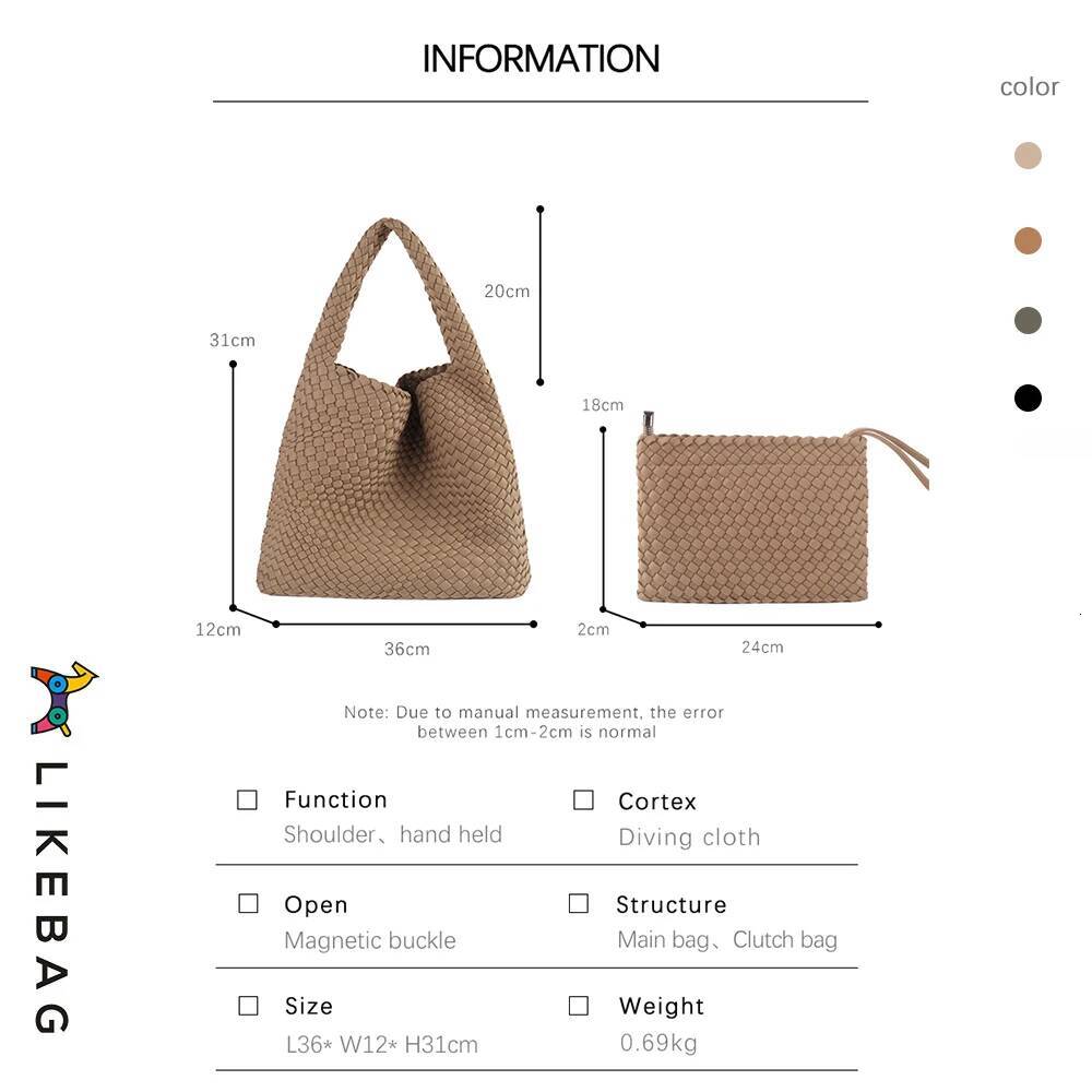 LIKEBAG Fashion Women Shoulder Handbag Neoprene Large Capacity Tote With Woven Clutch Bag