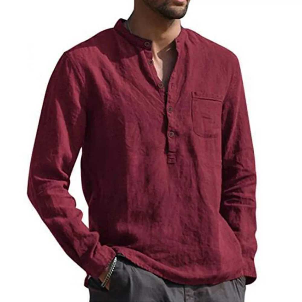 Cotton Linen Hot Sale Mens Shirt Long-Sleeved Solid Color Summer Stand-Up Collar Shirts Casual Beach Style Breathable Cozy Tops W250627