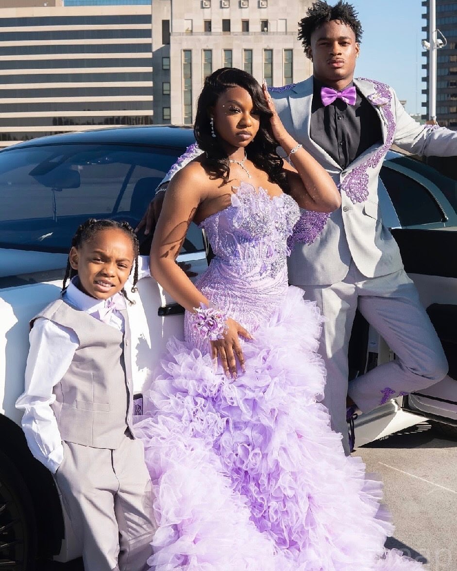 Lilac Mermaid Prom Dresses 2025 Florals Crystals Lace Tiers Tulle Evening Formal Party Second Birthday Engagement Gowns Plus Size Dress For Special Oc