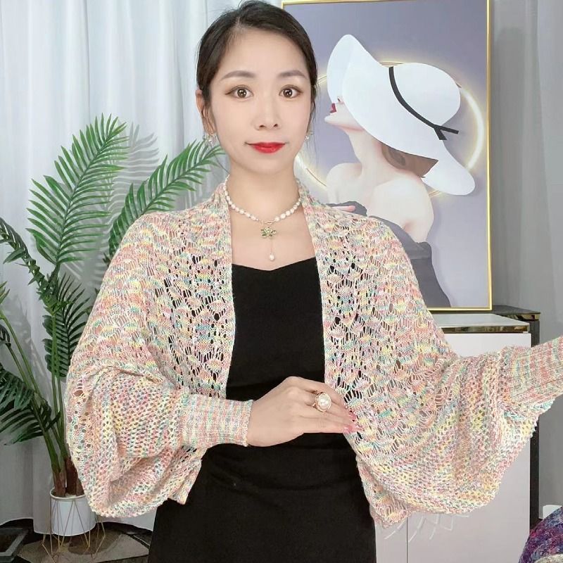 K1147 Sunscreen shawl for women satin colored ice silk breathable cool hollow knitted air-conditioning shawl versatile ethnic style coat to cover the 