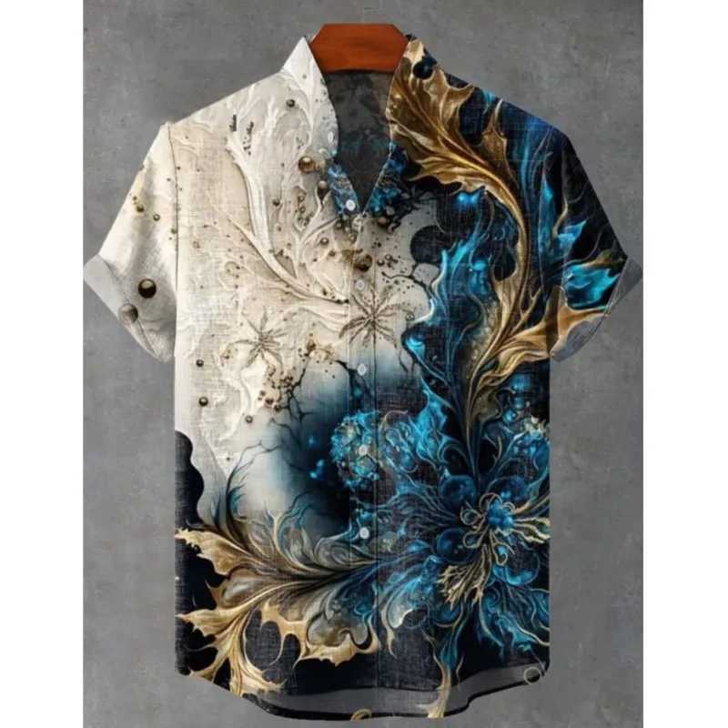 2025 Mens Summer Short-sleeved Shirt New Printed Linen Shirts European And American Popular Elements Printed Shirt W250627