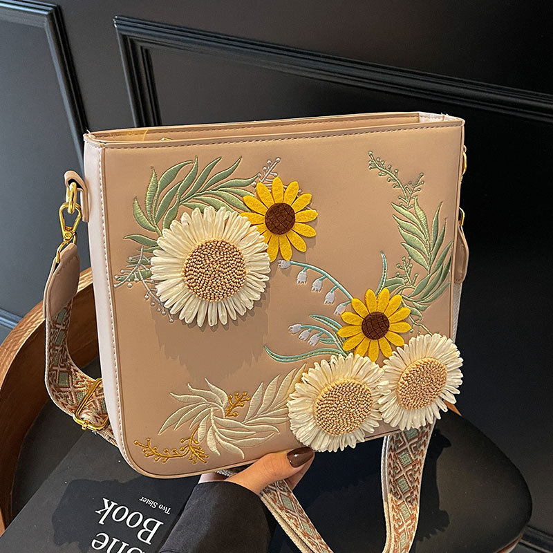 trend Embroidered Sunflower Countryside trend Style Bucket Bag Fashion Multi functional Crossbody Bag Designer Bag Women s Handbag