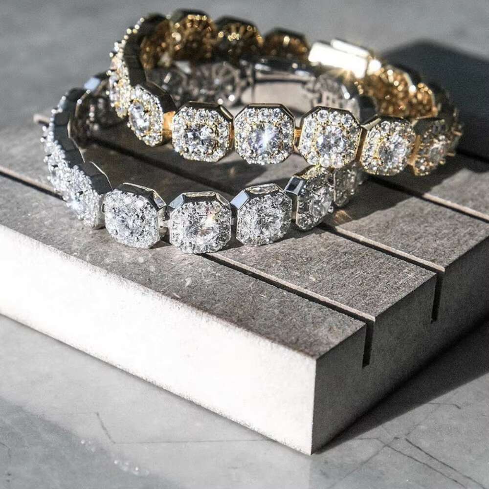 European American Hip Hop 10mm Rock Candy S925 Silver Moissanite High-End Personalized Fine Chain Link Bracelet for Men