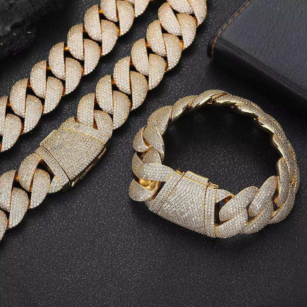 BES 16mm Width Cuban Link Chain Prong Large Necklace Bracelet Hiphop Copper CZ Real Gold Plated Rapper New Arrival Men Jewelry