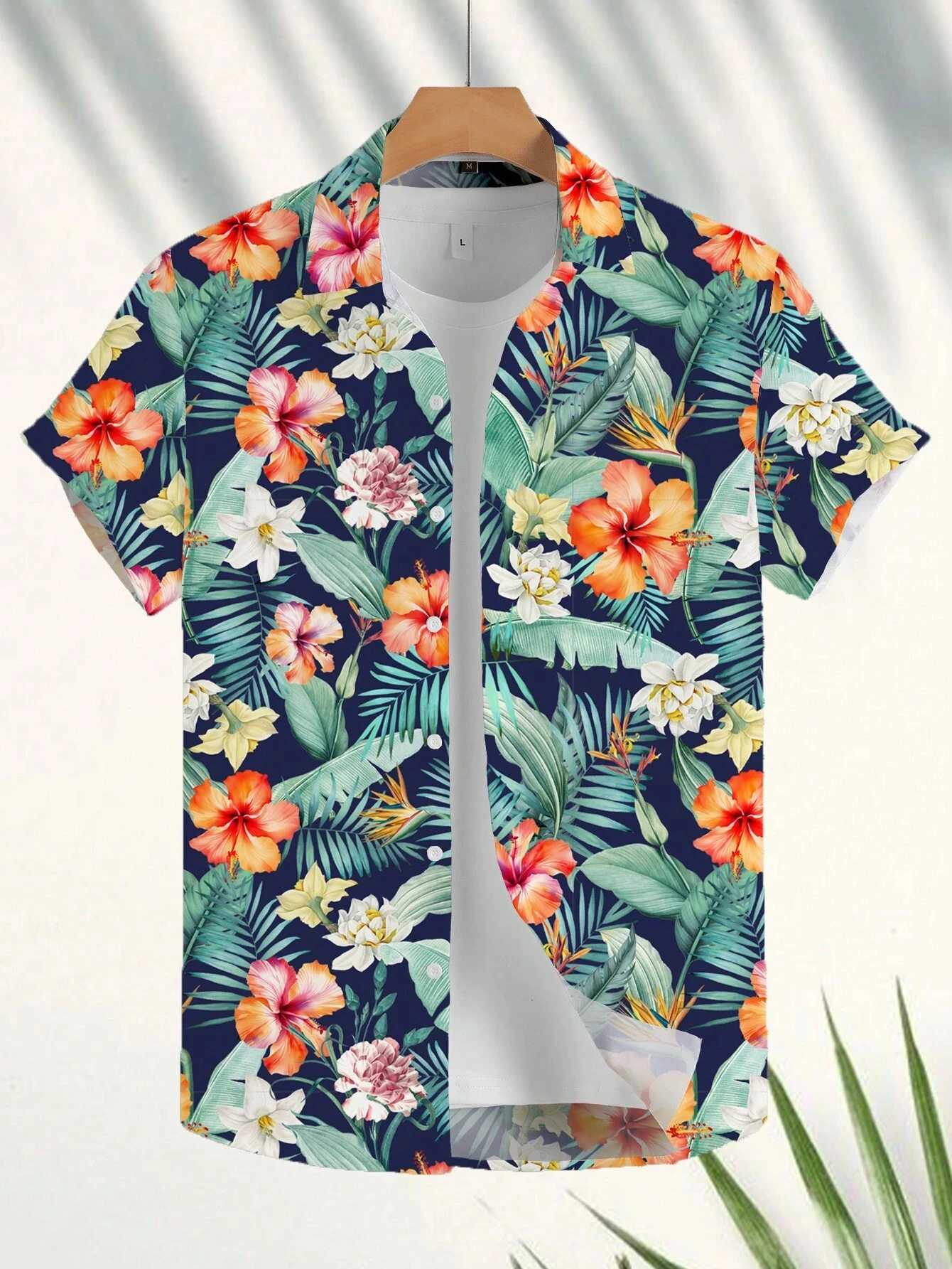 Coconut Tree Fresh Flower Pattern Mens Short-sleeved Button Lapel Shirt Summer Seaside Beach Vacation Hawaiian Style Shirt W250627