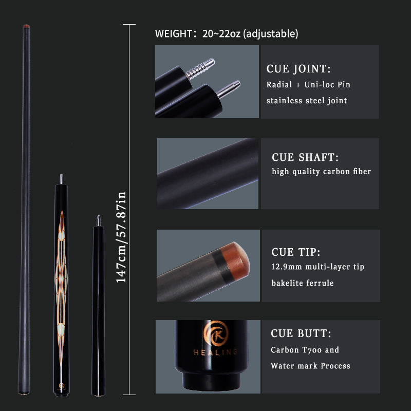 OKHEALING 3 PCS Break-Jump Cue 12.9mm Bakelite Tip Black Technology Carbon Fiber Shaft Butt 147cm 19~20oz Radial Pin Billiard Cue Pool Game Cues