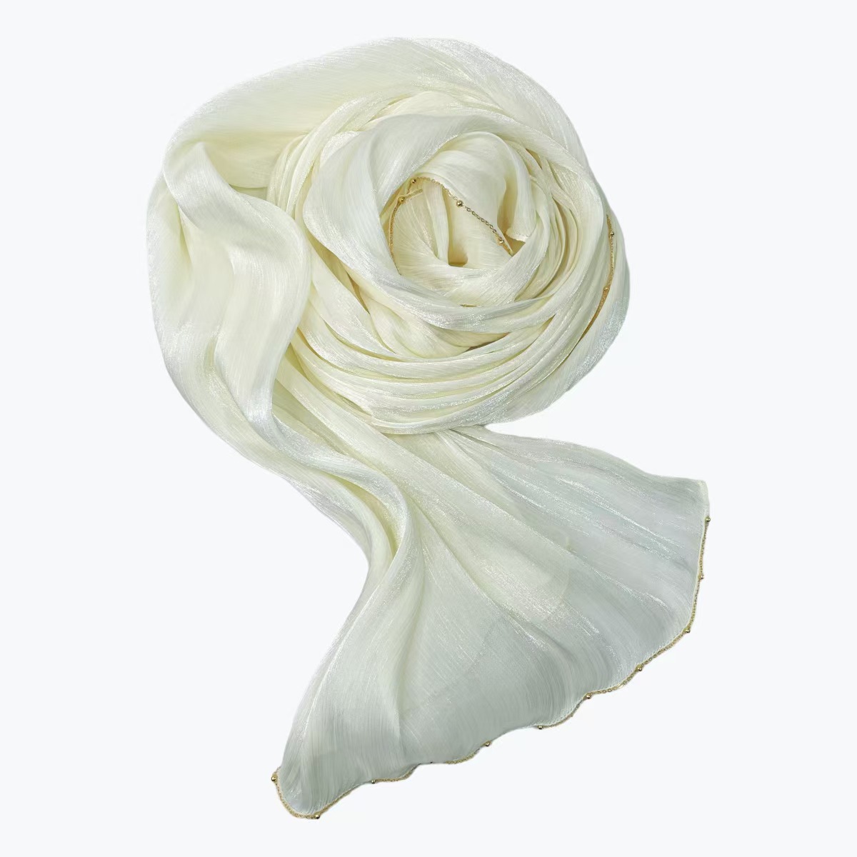 T1084 solid color cool island satin crepe long scarf metal bead chain long scarf head scarf