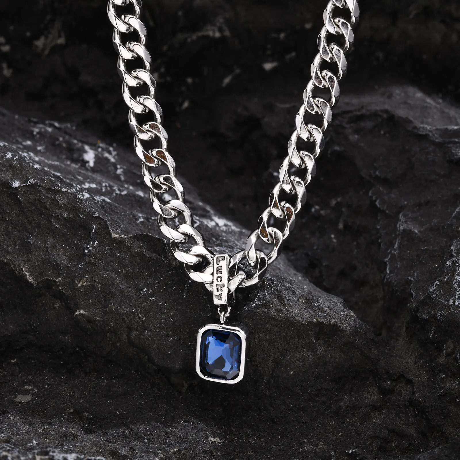 Sea Blue Zircon Pendant Necklaces for Men BoysStainless Steel Lucky Words Pendant CollarPunk Hiphop Jewelry Birthday Gift 250627
