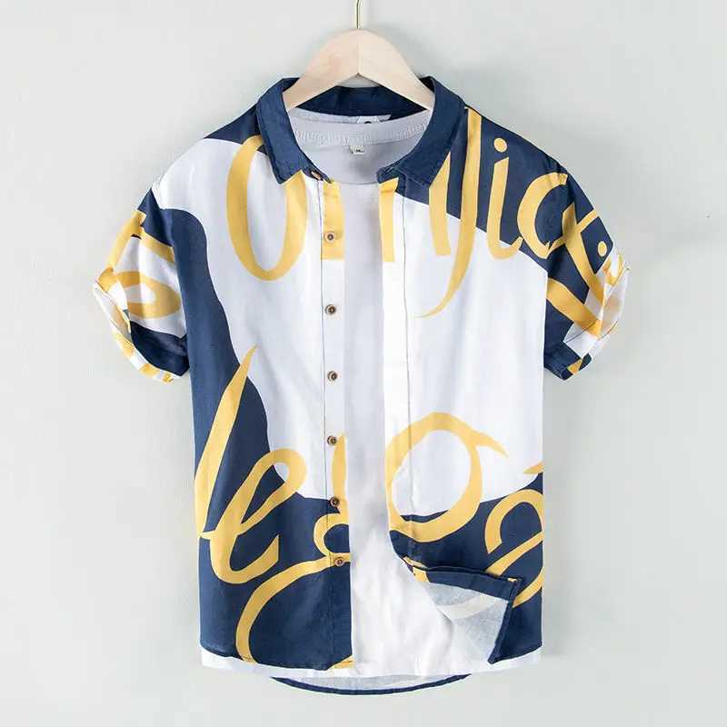 Street Casual Short Sleeve Print Letter Shirt Tops Mens Summer New Polo Neck Plus Size Trend Blouse Fashion Casual Men Clothing W250627