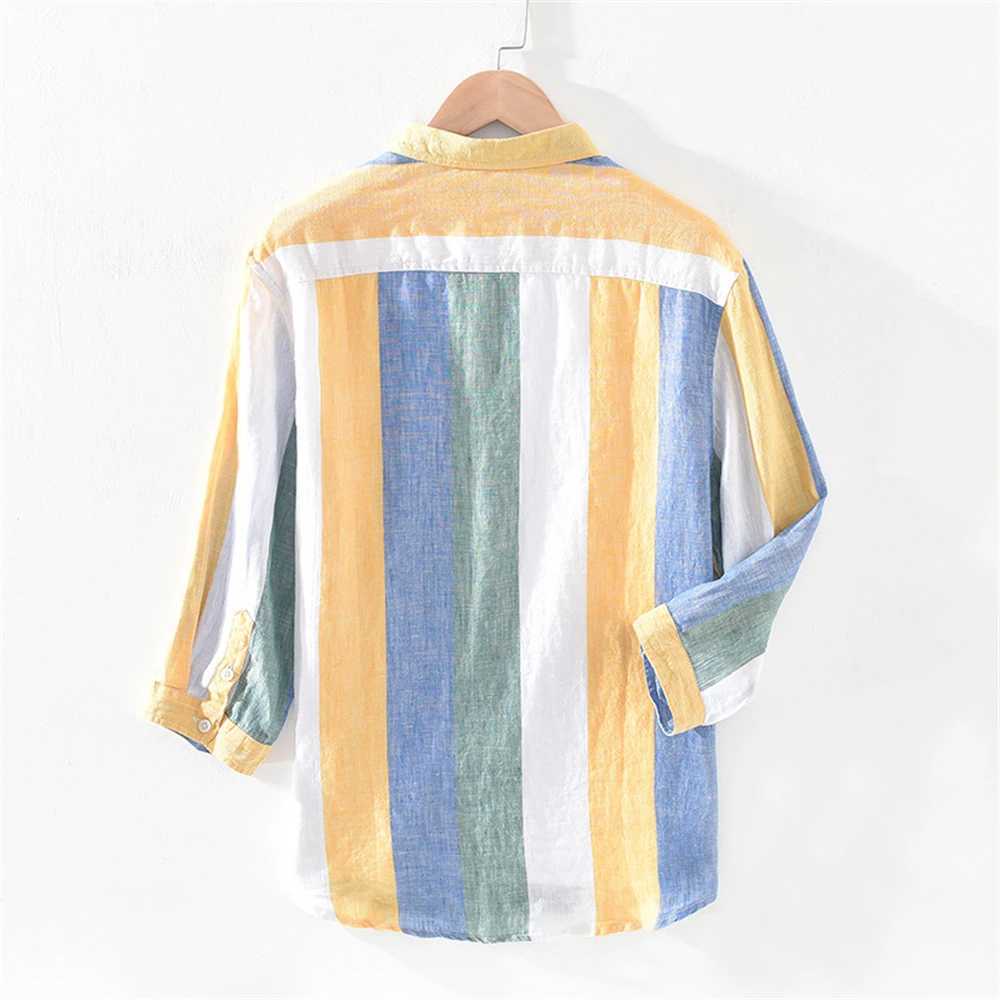 Summer Linen shirts for men Three-quarter sleeves striped mens Casual shirt Loose and breathable freshness Thin mens tops W250627